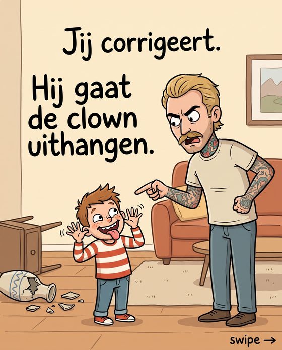 Jij corrigeert. Hij gaat de clown uithangen.